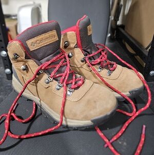 Columbia Waterproof Brown Suede Hiking Boots with Red Accents